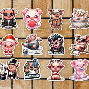 Pink Pig Sticker Pack of 12 Vinyl Stickers - Waterproof Die Cut Animal Stickers